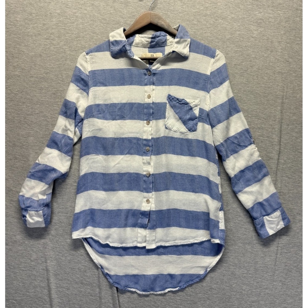 Thread & Supply Blouse Top Women Small Blue White Striped High Low Hem Button Up